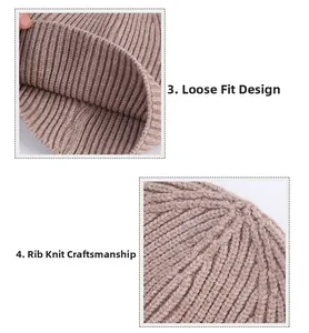 Detail of solid brown knit beanie showing thick rib stitch texture and loose design