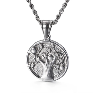 Stainless steel tree of life pendant necklace for men with textured rope chain