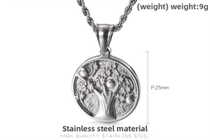 Detail of 25mm Tree of Life stainless steel pendant with embossed texture and rope chain