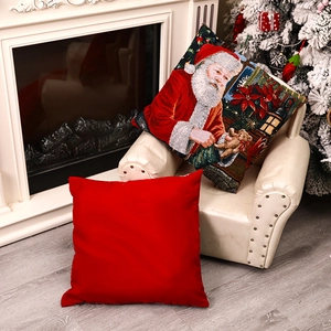 Christmas square pillow covers with Santa Claus tapestry on a cozy white sofa near tree