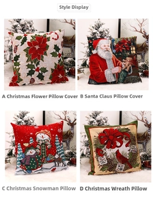 Detailed grid view of four festive Christmas pillow covers with holiday embroidery