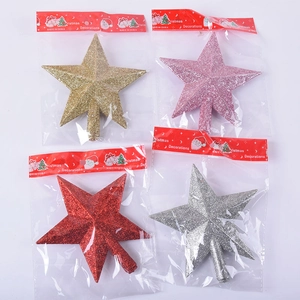 Detailed view of four colors glitter star tree toppers in individual plastic packaging