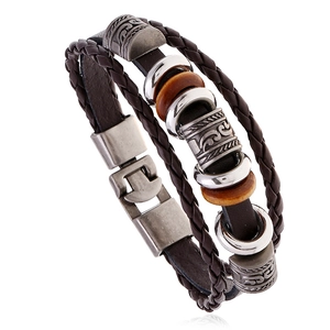Men's multilayer brown braided leather bracelet with metal beads and magnetic clasp