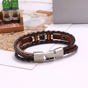 Handmade multilayer dark brown braided leather bracelet with silver clasp for men