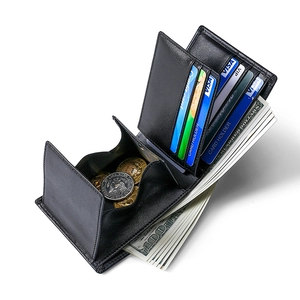 Black genuine leather tri-fold wallet for men with RFID blocking and coin pocket