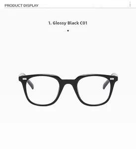 Detail view of glossy black full-rim square eyeglasses frame with polished finish