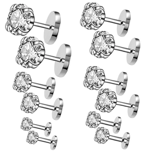 Macro view showing six sizes of stainless steel stud earrings with clear zircon stones
