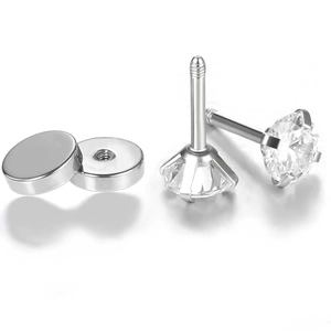 Polished stainless steel stud earrings with round cubic zirconia and screw-on flat backs