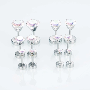 Set of 12 stainless steel cubic zirconia stud earrings in multiple sizes with silver finish