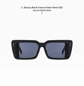 Detail of square black sunglasses with distinctive green demi patterned temples, model C02