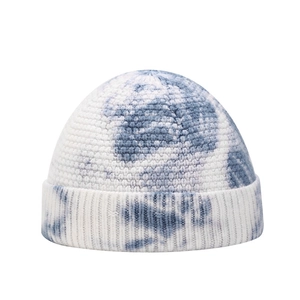 Minimalist tie-dye knitted docker cap in white and grey marble pattern for winter
