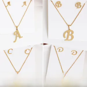 Detailed gold-plated stainless steel letter jewelry set with necklace and stud earrings