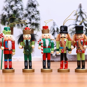 Five-piece set of wooden Christmas nutcracker soldier ornaments in festive red and green