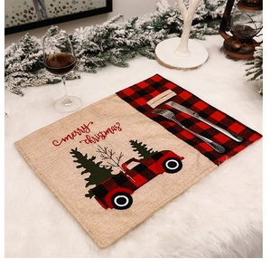 Linen Christmas placemat with red-black plaid and Merry Christmas text decor