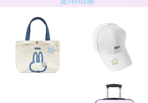Usage scenario showing strawberry and star embroidered patches on a canvas tote and cap
