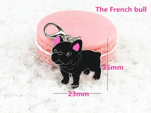 Detail of 23x25mm black enamel French bulldog pendant with silver lobster clasp hook