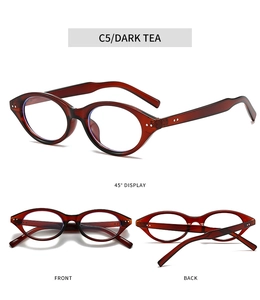 Three-way view of oval anti-blue light glasses in dark tea finish showing front and back angles