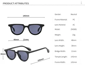 Detailed size chart and specifications for neutral PC frame sunglasses with AC lenses