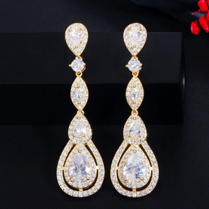 Long gold drop earrings with AAA zircon tassels for evening events and formal social wear