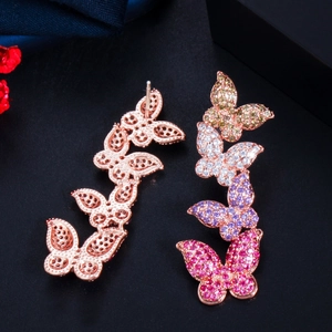Rose gold butterfly drop earrings with colorful zircon stones in a gradient setting