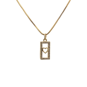 Golden box chain necklace with rectangle hollow pendant featuring a central crystal heart