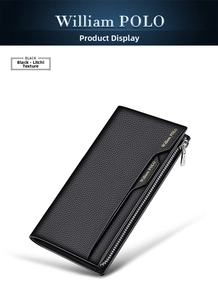Close-up of black lychee grain leather texture on long business wallet for men