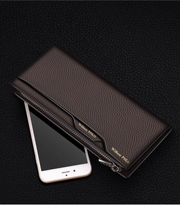 Brown lychee grain leather long wallet shown next to a smartphone for size reference