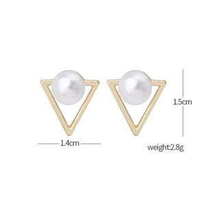 Detailed view of gold triangle earrings with pearls showing 1.4cm by 1.5cm dimensions