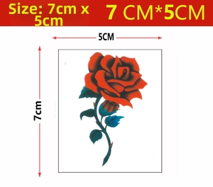 Detailed view of waterproof red rose tattoo sticker showing size 7cm x 5cm dimensions
