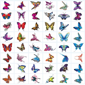 Detailed sheet of waterproof colorful butterfly temporary tattoos on white background