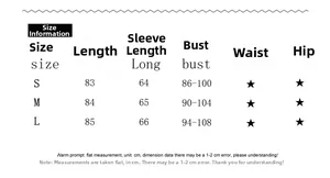 Detailed size chart with measurements for the long sleeve button down mini dress