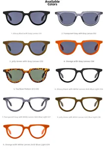 Macro display of nine retro square frame sunglasses and anti-blue light glasses in various colors