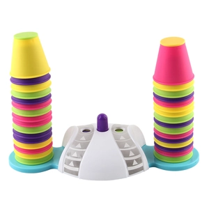 Kids stacking cup battle game set with colorful cups and interactive base on white background