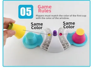 Detailed view of color matching base mechanism and plastic cups for brain training game