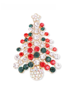 Detailed Christmas tree brooch with red and green rhinestones and size specifications