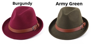 Detail of wool felt fedora hats featuring faux leather bands and metal buckles