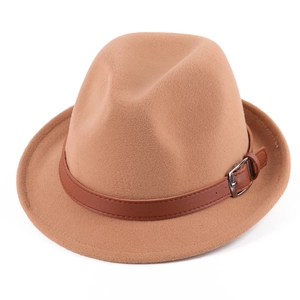 Classic brown felt fedora hat with a stylish dark brown leather band and metal buckle