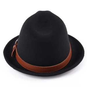 Detail of black wool fedora hat featuring a brown leather band and silver metal buckle