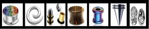 Macro detail of various surgical steel ear gauges and tapers in diverse styles and colors