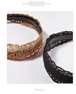 Detailed view of black and brown lace headbands with anti-slip teeth on white backdrop