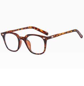 Detailed close-up of retro tortoiseshell square glasses frame with silver metal rivets
