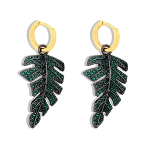 Chic gold hoop leaf earrings featuring black plated leaves and sparkling green crystals