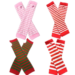 Striped knit fingerless gloves with thumb holes in pink, red, and green patterns