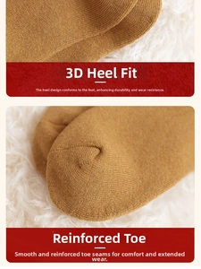 Detail view of reinforced toe and 3D heel construction on thick thermal cotton socks