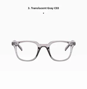 Macro shot of transparent gray eyewear frame showing silver metal hinge and polished finish