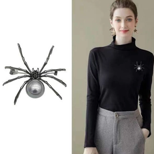Spider brooch with dark grey pearl and black metal shown in product and model view