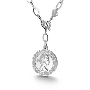 Silver stainless steel coin pendant necklace featuring Queen portrait and heart detail