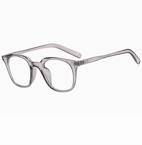 Detail view of transparent grey-purple round frames showing high-quality metal hinges