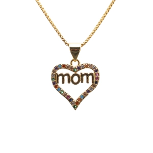 Detail of gold heart pendant with MOM lettering and colorful pavé cubic zirconia