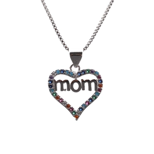 Close-up of heart MOM pendant with colorful cubic zirconia in silver finish